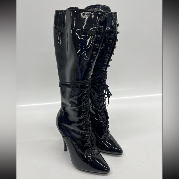NWOT Devious Domina 2020 Knee High Black Patent Leather Lace-Up Boots  10M - Picture 2 of 7